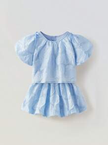 Maija Kids Maija Kids 2pcs Set Young Girls Loose Casual Jacquard Fabric Petal Sleeve Shirt And Puff Skirt