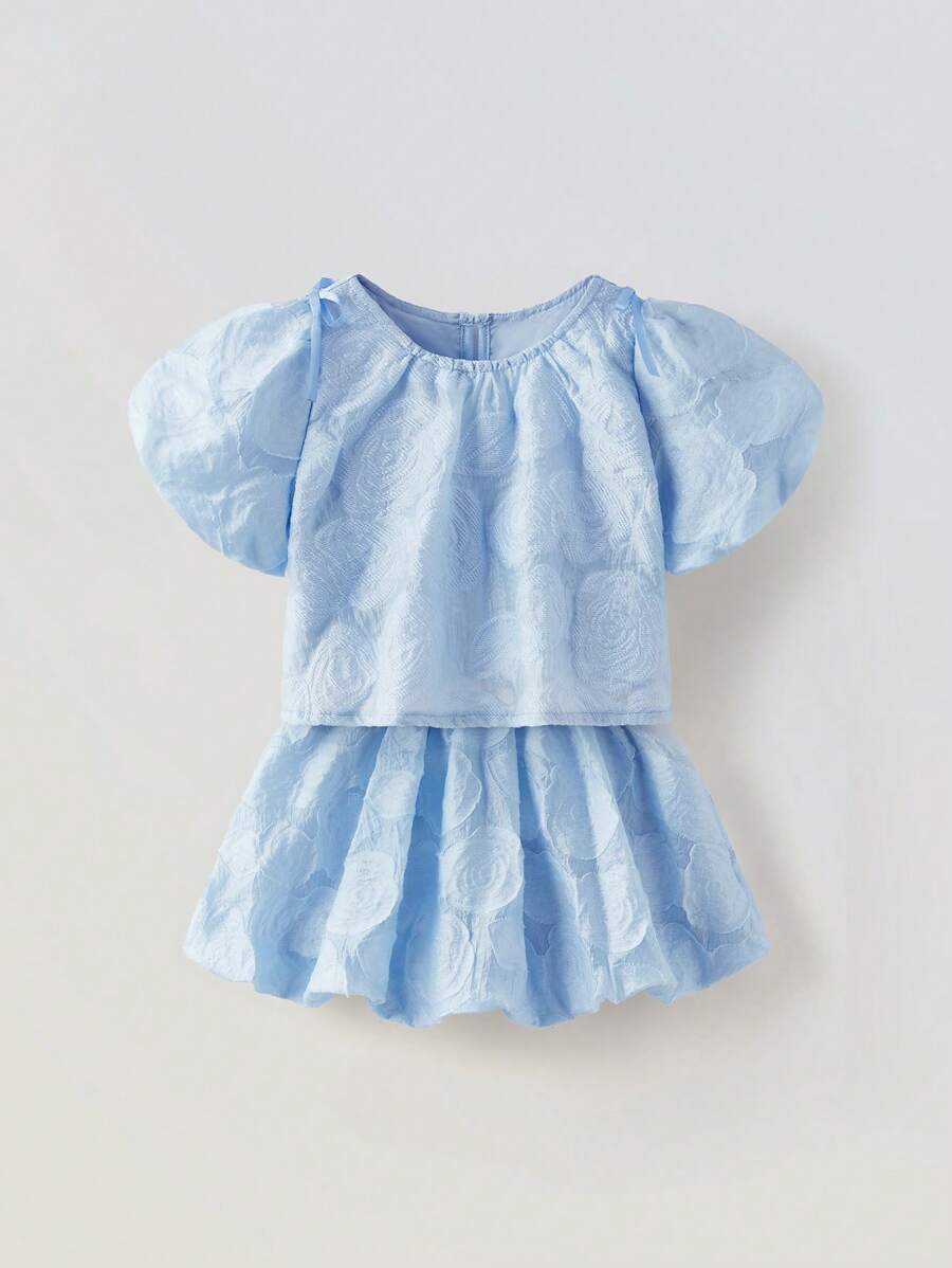 Maija Kids Maija Kids 2pcs Set Young Girls Loose Casual Jacquard Fabric Petal Sleeve Shirt And Puff Skirt