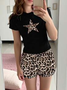 SHEIN Leap Crew طقم بيجامة شورت كاجوال للبنات المراهقات بتصميم أسطوري ونمط النمر،أكمام قصيرة، مناسب للربيع والصيف، ذو قياس مريح
