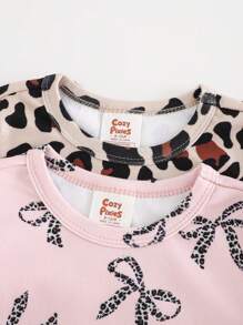 Cozy Pixies Baby Girl 4pcs Snug Fit Pajama Set: Soft Knit Leopard Print Bow Top, Elastic Waist Jogger Pants, Long Sleeve Pullover Sweatshirt - Multicolor - View 4