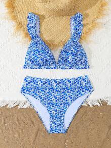 Teen Girls Blue Ditsy Floral Adjustable Shoulder Strap Ruffled Bikini Swimsuit Set For Beach Vacation Swimming - Multicolor - View 5