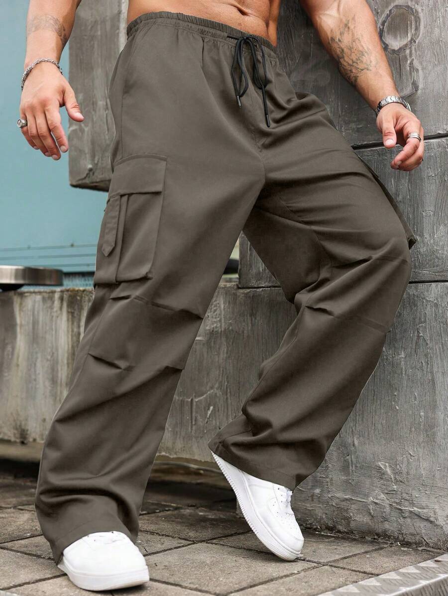Manfinity LEGND Plus Size Men's Casual Drawstring Pocket Loose Straight Leg Cargo Pants - Khaki - View 1