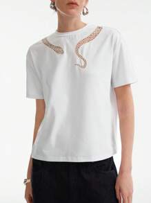 Aalyst Women's Casual Hollow Embroidered White T-Shirt, Snake Year Design, Summer