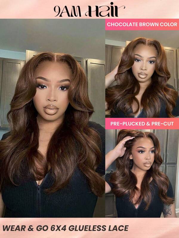 Wear Go Glueless Wig Body Wave 6*4 Transparent Lace Closure Wig 180% 16-28 Inch Pre-Cut & Pre-Plucked Brown Color Human Hair Natural Hairline Daily Use Silky For Beginners