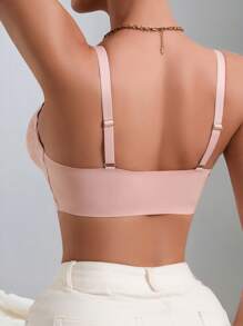 SHEIN Romantic French Lace Splice Thin Padded Wave Trim Solid Front Closure Women Lingerie Bra - Dusty Pink - View 2