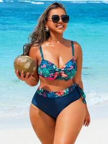 Swim Lushoire Set de 2 piezas de traje de baño de talla grande para mujer con parte superior asimétrica de volantes y estampado aleatorio de plantas tropicales y calzoncillos de cintura alta, estilo casual diario de resort