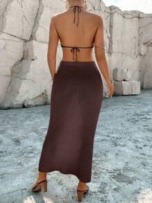 Breezaya Casual Holiday Asymmetric Hem Spaghetti Strap Crop Tank And Mini Skirt 2Pcs Set - Coffee Brown - View 2