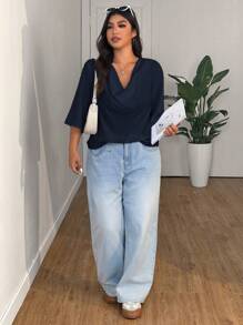 SHEIN EZwear 大码海军蓝雪纺短袖衬衫，春夏假日风格