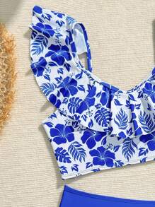 Teen Girls' Summer Beach Floral Print Ruffled Trim Bikini Set Young Girls Sets Summer Bathing Suits 1pc For Teens Bathing Suits For Teens Sets One Peice Bathing Suit For Teens Bathing Suits Teen Girl Two Pieces - Royal Blue - View 3