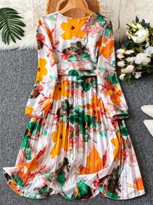 Breezaya Abito elegante da donna con stampa floreale, scollo a V, maniche a lanterna e orlo plissettato