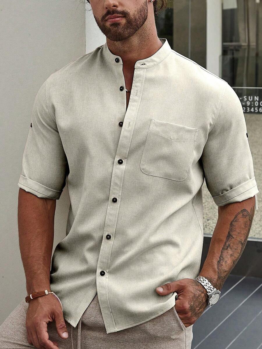 Manfinity Homme 宽松男士立领短袖衬衫休闲男士衬衫纽扣男士衬衫休闲男士休闲正装衬衫 - 卡其色 - 查看 1