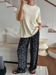 DAZY 2pcs Women Floral Print Short Sleeve Loose Pajama Set - Beige - View 4
