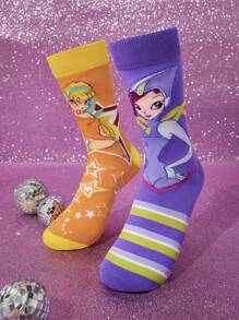 The Winx X SHEIN 3 paia di calze a mezza gamba da donna con motivi asimmetrici a cartoni animati, calze a righe magiche morbide e traspiranti con punta e tallone rinforzati, versatili per tutte le stagioni