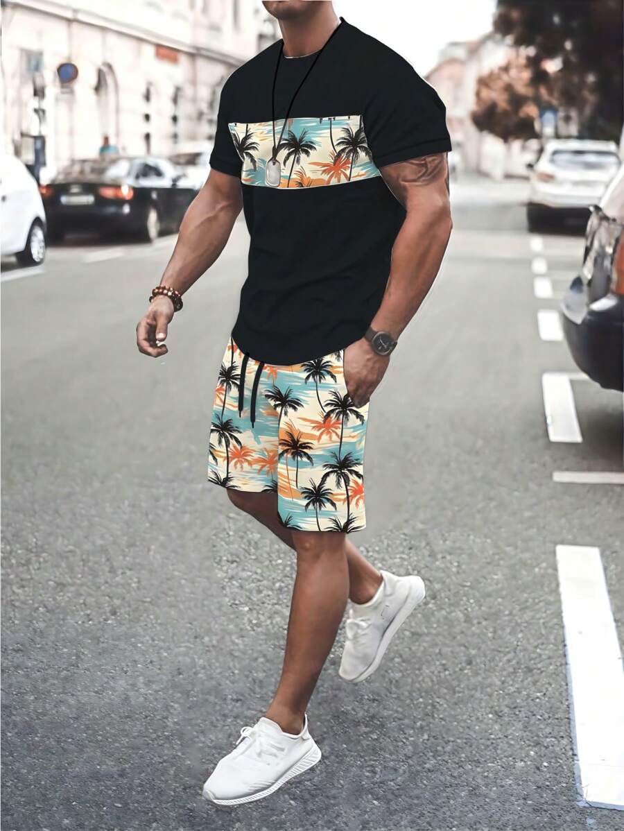 Manfinity RSRT Men's Casual Patchwork Coconut Tree Print Round Neck Short Sleeve T-Shirt And Shorts Set, Summer Vacation Outfits For Men Beach Vacation Outfits Men