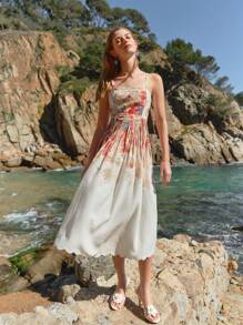 MOTF PREMIUM Vestido plisado con estampado floral y corte en la cintura