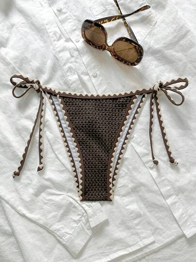 Swim Mod 1 件女式纯色提花面料荷叶边系带比基尼泳裤