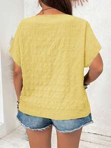 SHEIN VCAY Plus Size Batwing Sleeve Textured Round Neck Vacation Shirt - Mustard Yellow - View 2