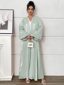 Yasmyna Mint Blue Semi-Sheer Woven Fabric Maxi Abaya With Long Sleeves And Belted Details For A Modest Style, Robe - Mint Blue - View 1