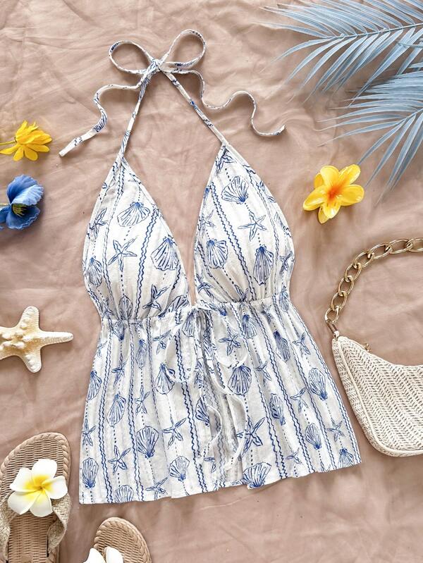 Soleia Women's Casual Vacation, Western, Beach, Wedding Guest, Graduation, Brunch, St. Patrick's Day, Spring Break, Easter, Music Festival Elegant Bohemian, Tropical, Backless, Ocean Animal, Shell, Bowknot Strap Halter Camisole Top, Spring/Summer