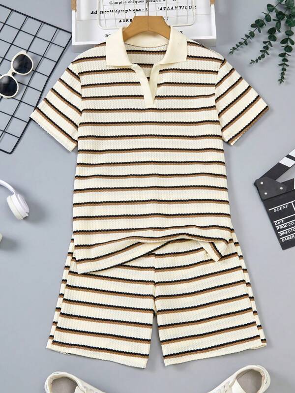 2pcs Teenage Boy Casual Striped Polo Collar Short Sleeve Shirt And Shorts Set, Vacation, School, Campus, College