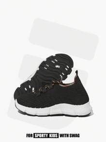 JNSQ 1 Pair Children Fashion Casual All-Match Versatile Rainbow Woven Lace-Up Soft-Soled Breathable Sport Shoes, Back To School - Black - View 12