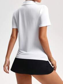SHEIN Sport Studio Camiseta deportiva para mujer de manga corta con cuello polo liso, adecuada para el verano