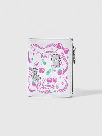 Kawaii Billetera corta multifuncional con múltiples ranuras para tarjetas, estampado de frutas y oso y lazo, de estrellas de cinco puntas con cremallera, elegante y casual para niñas