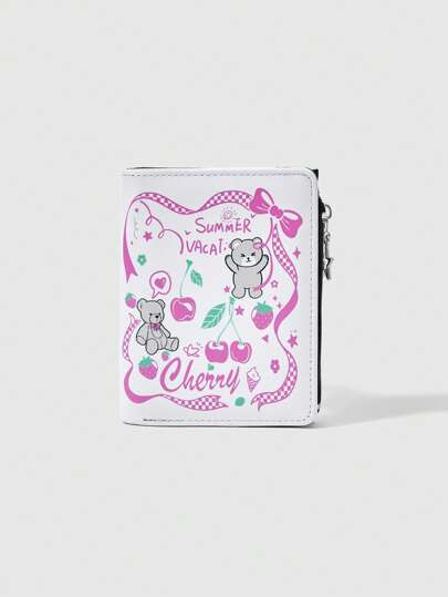 Kawaii Cute Girls' Bear & Bow, Fruit Print Multifunctional Multi-Card Slots Five-Pointed Star Zipper Short Wallet, Casual Fashion Card Case, Coin Purse