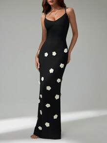 SHEIN Tall Đầm Maxi Ôm Sát Họa Tiết Hoa 3D Cho Nữ - màu đen - Xem 6