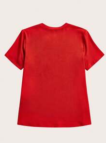 Blue Dragonfly Print Casual V-Neck Short Sleeve T-Shirt For Women - Red - View 2