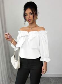 Elenzga 荷叶边蝴蝶结女式衬衫，新品上市 - 白色 - 查看 4