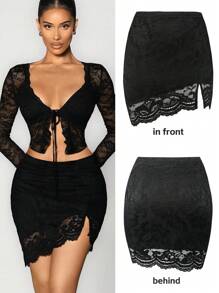 Sirith Spring/Summer Asymmetrical Hem Slit Knitted Lace Women's Half-Body Skirt - Black - View 1
