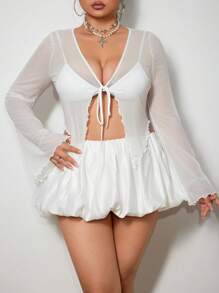 SHEIN ICON Icon Plus Size 纯色系带前开襟生菜边网眼 Y2k 上衣，白色，度假风 - 白色 - 查看 4