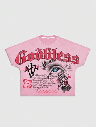 Street Life Camiseta de manga corta informal y holgada con estampado de lema y gráfico de ojo para hombre