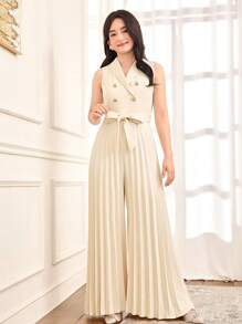 SHEIN Teen Girls Elegant Apricot Turn Down Collar Double-Breasted Tie-Waist Design Pleated Wide Leg Jumpsuit/Wedding Guest Outfit, Suitable For Occasions Like Holidays, Parties, Weddings, Back To School, Graduation