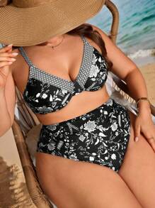 Swim Lushoire Plus Size Women Floral Print High-Waist Simple Fashion Bikini Bottoms For Summer Beach Vacation - Black and White - View 6