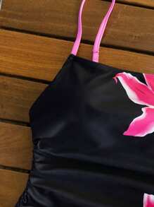 Swim Mod New Summer Women Yellow Floral Print Spaghetti Strap Side Drawstring One-Piece Swimsuit - Black - View 5