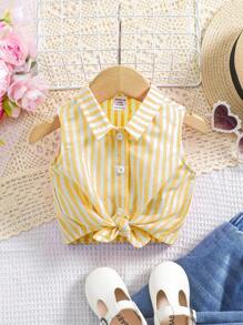 SHEIN Leap Crew Babygirl 可爱条纹扭纹无袖上衣，夏季百搭 - 黃色 - 查看 2