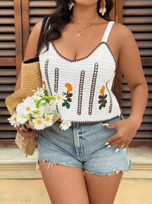 SHEIN VCAY Große Größen Urlaub Lässiges besticktes Camisole Stricktop Häkeltop Stickerei Urlaub Ausgehtops Sommertop Süße Tops Damen