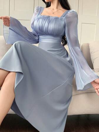 DAZY 女士优雅中长连衣裙，适合音乐节，秋季新款长袖连衣裙