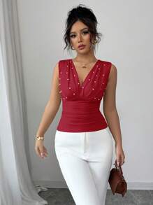 Elenzga Apricot Pearl Elegant And Romantic Women's Camisole - Red - View 4