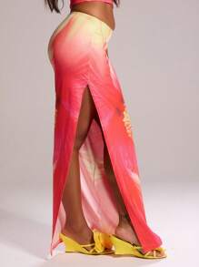 MUSERA Mid Rise Floral Graphic Print Fitted Side Split Maxi Skirt Bottom Only Ibiza Sexy Vacation Holiday Summer Festival Beachwear Romantic Elegant Birthday Tequilla Sunrise Chic - Multicolor - View 3