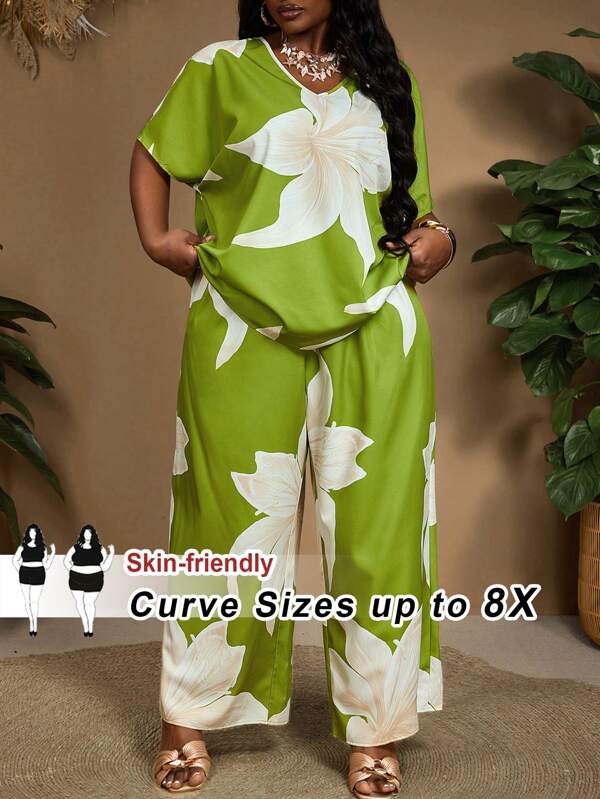 SHEIN CURVE+ Plus Size Women's Summer Casual Floral Printed Batwing Sleeve Shirt And Long Pants Set,Summer Outfits For Women,Flowy Pants,Beach Outfits For Woman,Bohemia,Vacation,Rave Outfits,Curve Plus ,Hoho Vacationbeach Outfits For Woman/Beach Dress/Beach Vacation Outfits/Beach Essentials / Graduation/Tea Party Dress