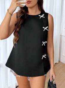 SHEIN Frenchy Plus Size Women Bow Decor Crew Neck Sleeveless Casual Shirt,Business Casual Woman