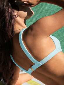 Swim Mod Women Summer Solid Color Bikini Top - Blue - View 2