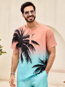 Manfinity VCAY Camisa de manga corta casual y entallada para hombres con estampado de ombre de palmeras y cielo, adecuada para el verano