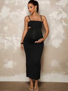 MaterniChic 孕妇性感纯色露背吊带紧身连衣裙 - 黑色 - 查看 4