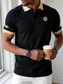 Manfinity Homme Men's Solid Color Short Sleeve Polo Shirt, Simple Fashion Style Suitable For Summer - Black - View 1