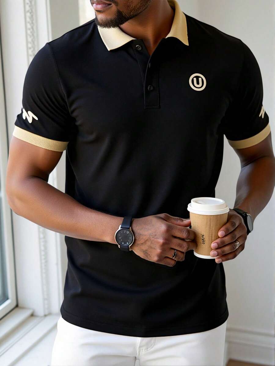 Manfinity Homme Men's Solid Color Short Sleeve Polo Shirt, Simple Fashion Style Suitable For Summer - Black - View 1