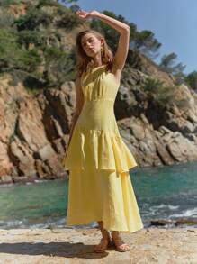 MOTF PREMIUM 亚麻荷叶边下摆拉链连衣裙 - 黃色 - 查看 7